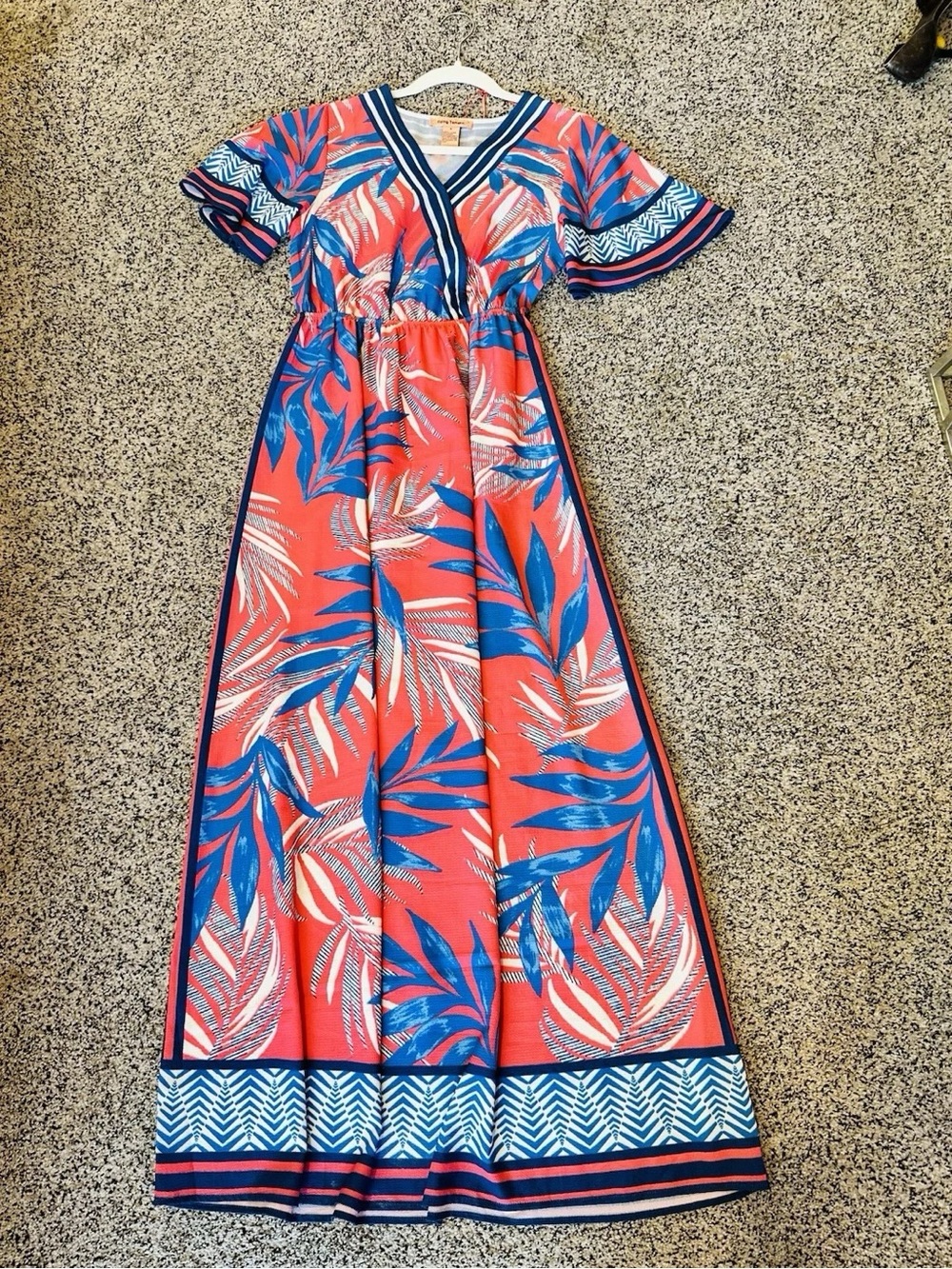 Flying Tomato Coral and Blue Tropical Print V-Neck Maxi Dress